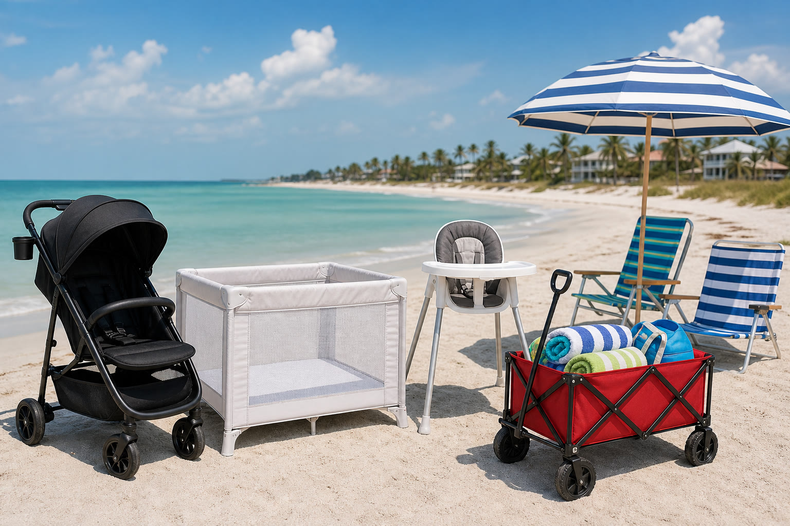 Family vacation gear staged for delivery — stroller, crib, high chair, and beach wagon