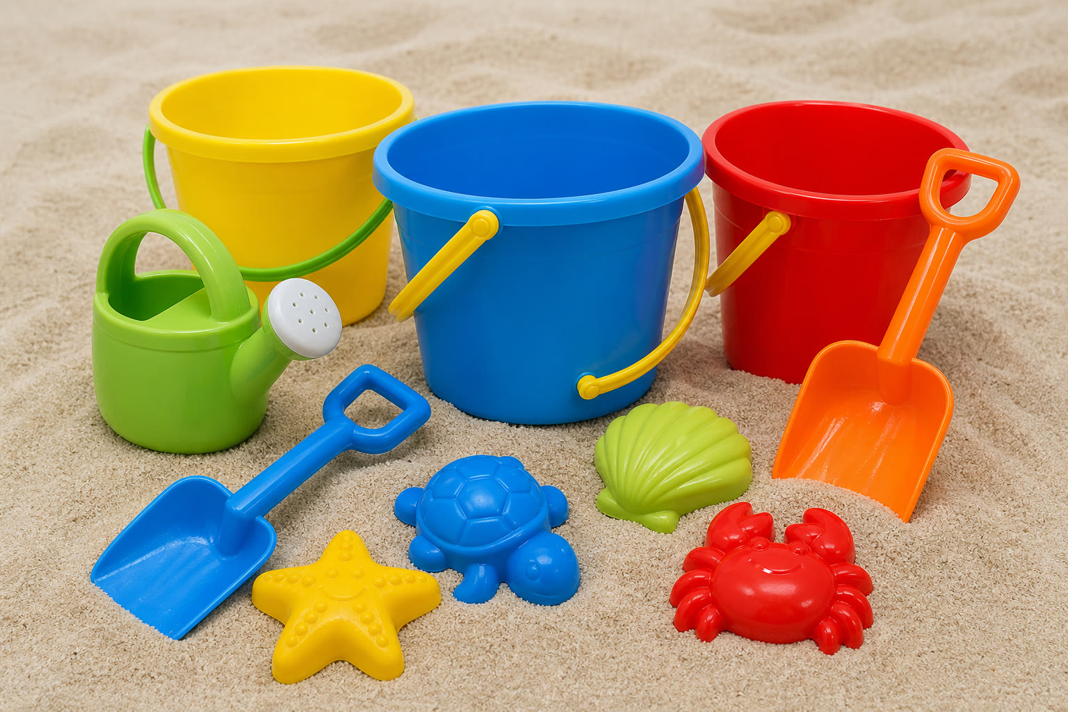 Buckets shovels and beach toys