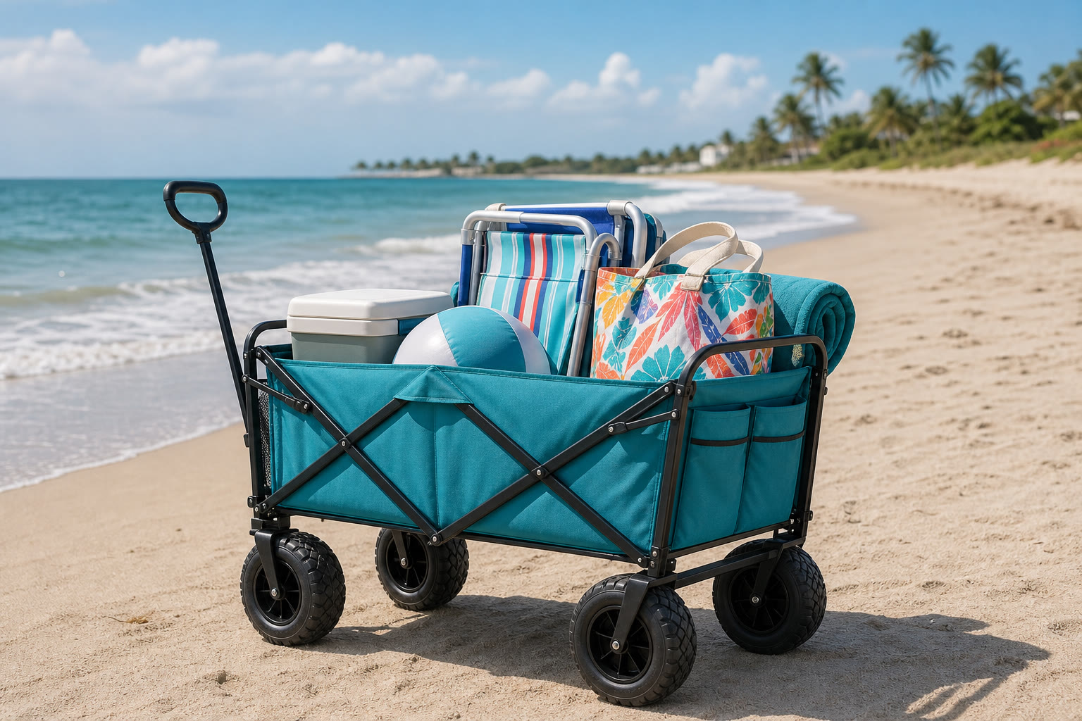 Family beach wagon on sand