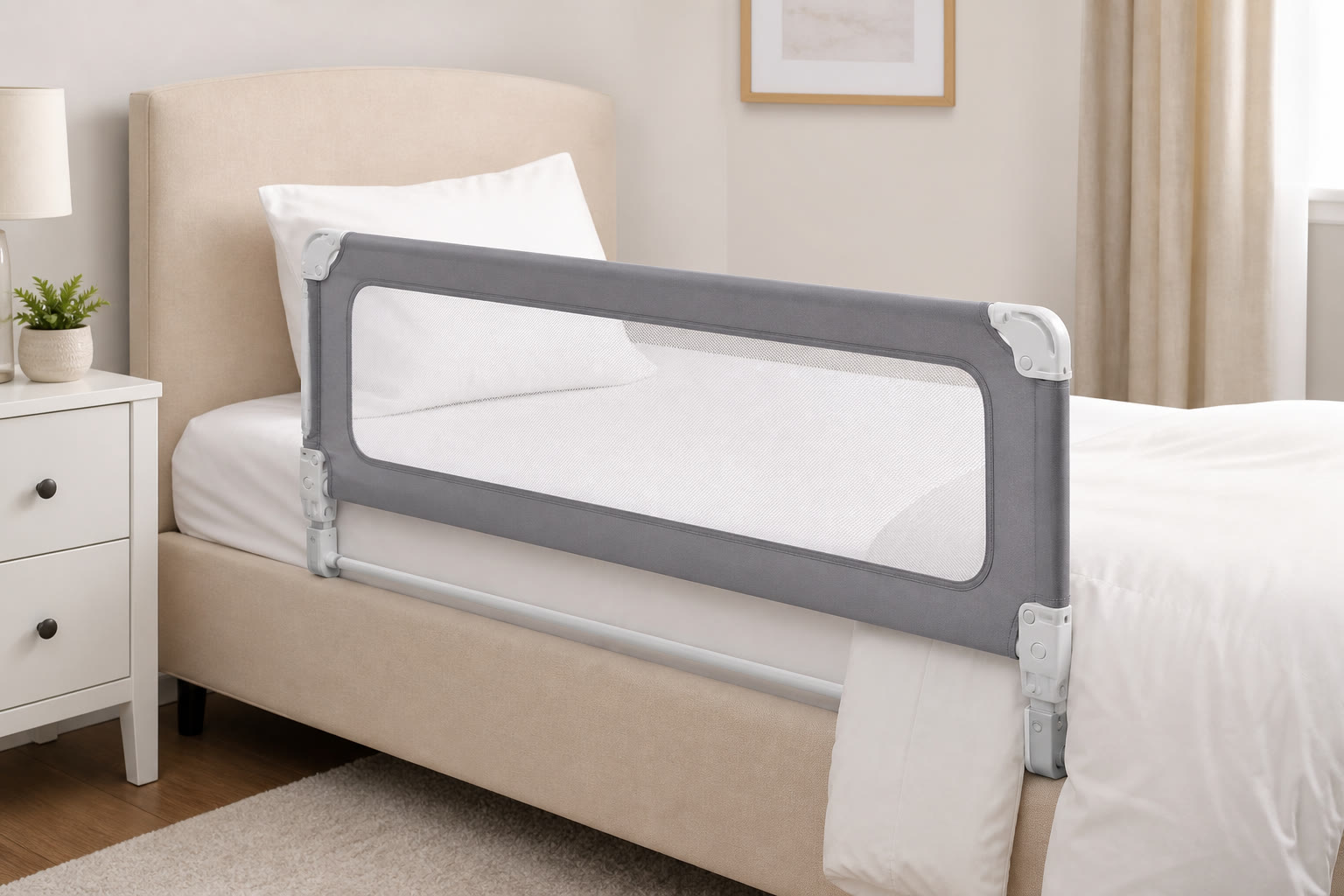 Child bed safety rail attached to bed